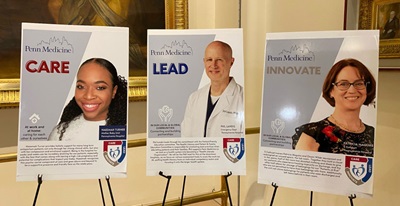 Three posters featuring Care, Lead, and Innovate